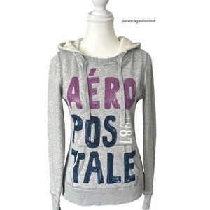 Y2K “Aeropostale” Grey Graphic Long Sleeve Pullover Sherpa Lined Hoodie